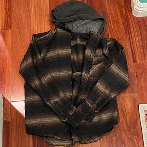 Ambig Striped Black and Brown Hooded Flannel Size L